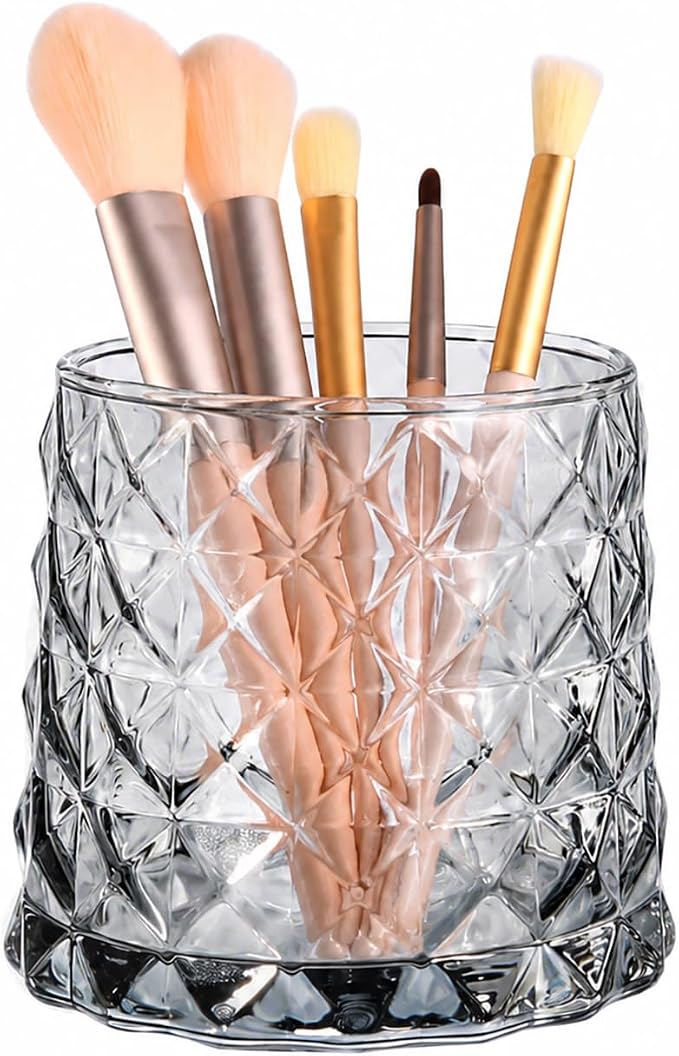 DASITON Glass Makeup Brush Holder Organizer, Diamond Pattern Cosmetic Storage Cup, Makeup Organizer for Vanity, Bathroom Countertop Toothbrush Holder, Desk Pen Pencil Holder (Grey)