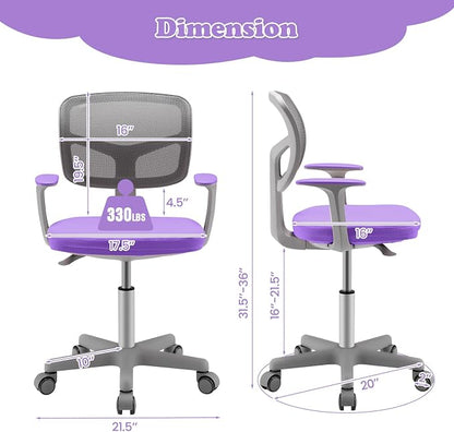Giantex Kids Desk Chair, Ergonomic Adjustable Teen Task Chair w/Y-Shaped Lumbar Support, Armrest & Universal Wheels, Mesh Kid Office Chair for Sturdy, Kids Computer Chair for Boys Girls 4-12, Purple