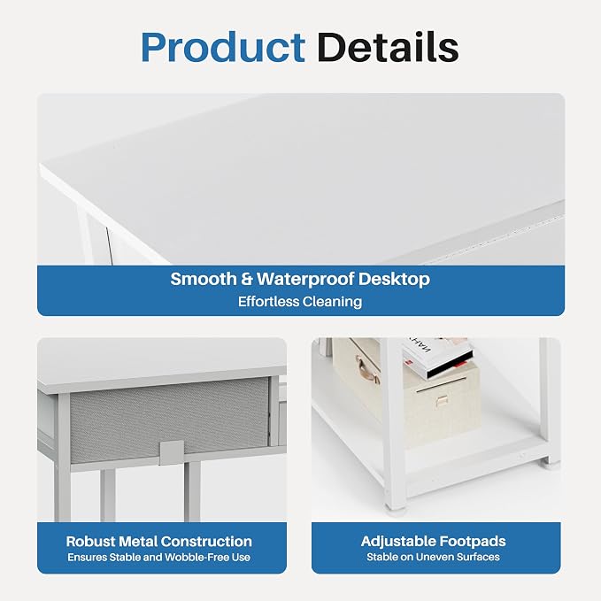 OLIXIS Desk with Storage Fabric Drawers-48 Inch Home Office Computer Desk for Small Space Bedroom,Modern Study Work Gaming Writing Table PC Desks, White