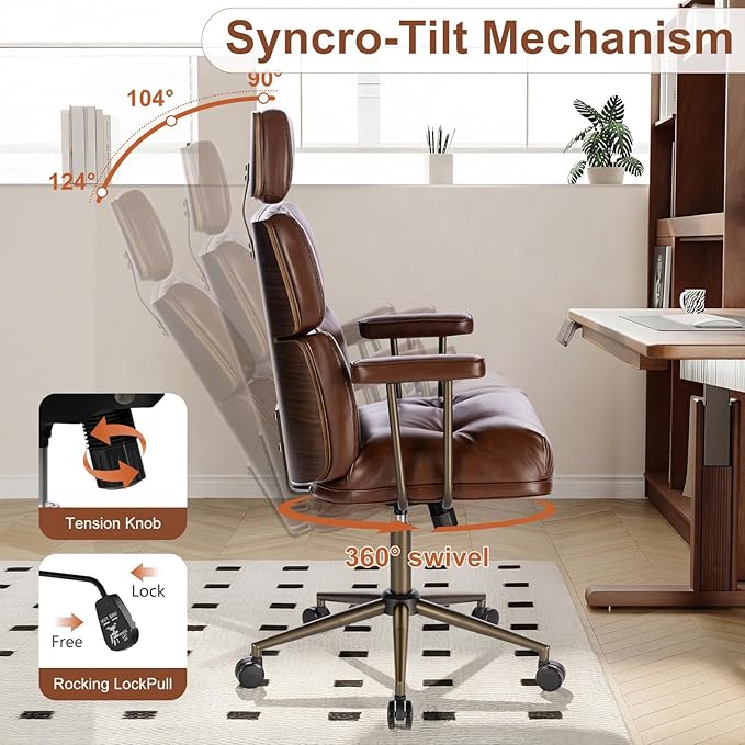 Mid-Century Modern Ergonomic Office Chair,High Back Faux Leather Executive Desk Chair with Walnut Bentwood & Headrest,Adjustable Swivel Computer Chair for Home Office,Brown