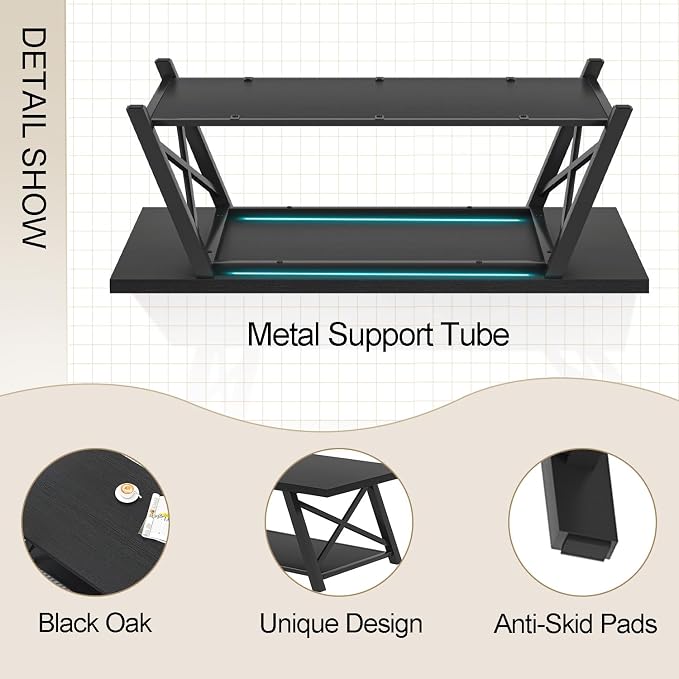 EXCEFUR Black Coffee Table, Modern Wood and Metal Center Table with Storage Shelf, Industrial Rectangle Cocktail Tea Table for Living Room, 47 Inch