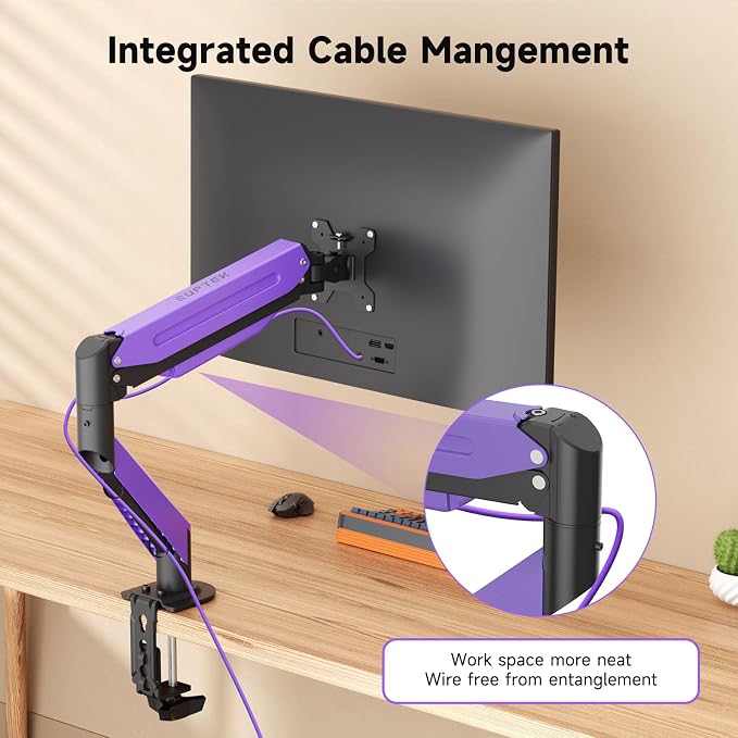 Suptek Monitor Mount Gas Spring Monitor Arm Desk Mount Fully Adjustable Fits 17-35 inch Monitors Weight Capacity up to 24.25 lbs, Black+Purple