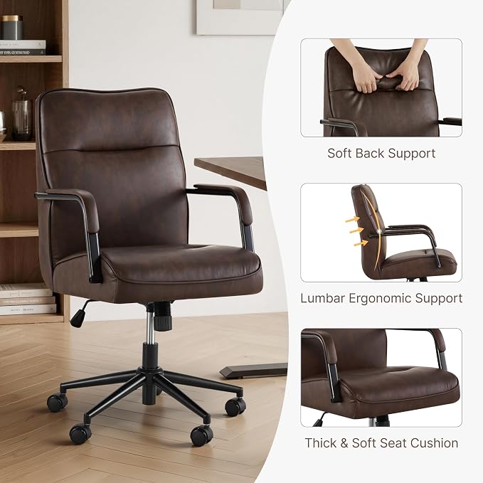 KISLOT Ergonomic Home Office Chair with Lumbar Support, Adjustable Swivel Modern Desk Chair with Wheels, Faux Leather Computer Chair with Padded Arms, Comfy Executive Office Chair, Espresso