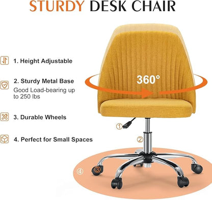 Simple Deluxe Armless Office Desk Chair, Modern Cute Swivel Vanity Chair Comfy Home Office Chairs with Wheels Height Adjustable Rolling Computer Task Stools for Living Room, Make-up, Bedroom, Yellow