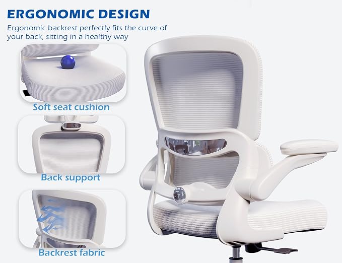 TRALT Ergonomic Office Chair - Desk Chair with Adjustable Lumbar Support Computer Chair - Mesh Comfy Chair with Flip-up Armrests - Gaming Chairs for Adults Home Office (Leather, White)