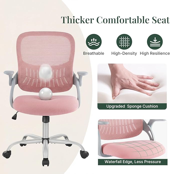 Home Office Desk Chair, Ergonomic Mid-Back Mesh Computer Task Chair with Comfortable Lumbar Support, Height Adjustable Swivel with Flip-up Armrest for Adults, Student, Pink