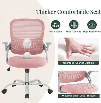 Home Office Desk Chair, Ergonomic Mid-Back Mesh Computer Task Chair with Comfortable Lumbar Support, Height Adjustable Swivel with Flip-up Armrest for Adults, Student, Pink