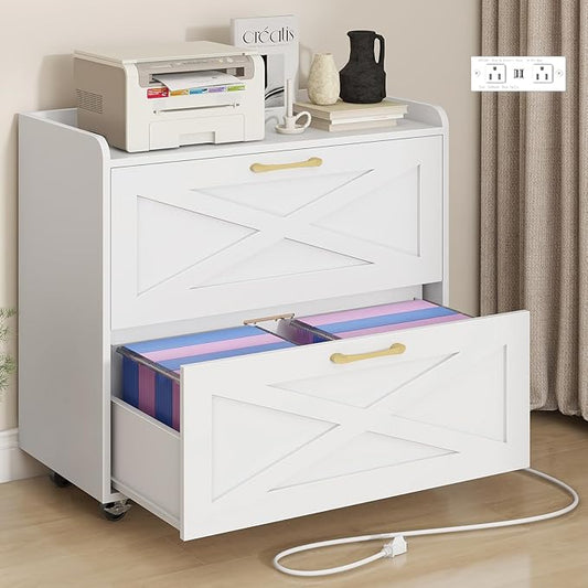 2 Drawer Lateral File Cabinet, Mobile Filing Cabinet with Charging Station for Letter/Legal/A4 Size Hanging Files, Modern Farmhouse File Storage Cabinet with Wheels for Home Office, Simple White