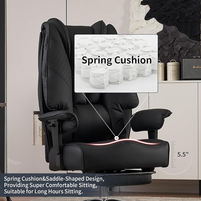 EXCEBET Big and Tall Office Chair 400lbs Wide Seat, Leather High Back Executive Office Chair with Foot Rest, Ergonomic Chairs Lumbar Support for Lower Back Pain Relief (Black)