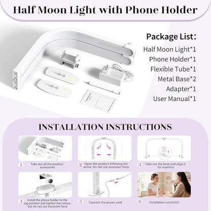LIONVISON Nail Light for Desk: 29" Foldable Half Moon Light for Nail Tech with Phone Holder - 3 Color Modes & 10 Brightness - 40W Arch LED Nail Desk Lamp for Manicure Salon (with Diamond)