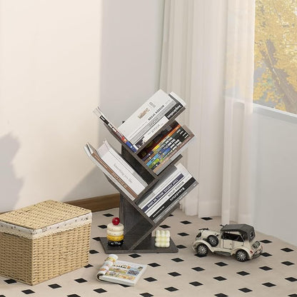 SHEEPAM 5 Tier Tree Book Shelf, Small Desktop Bookshelf with Storage Organizer, Wood Bookcase, Desk Display Bookshelves, Floor Standing Organizer Bookcases for Living Room,Bedroom,Office-Dark Grey