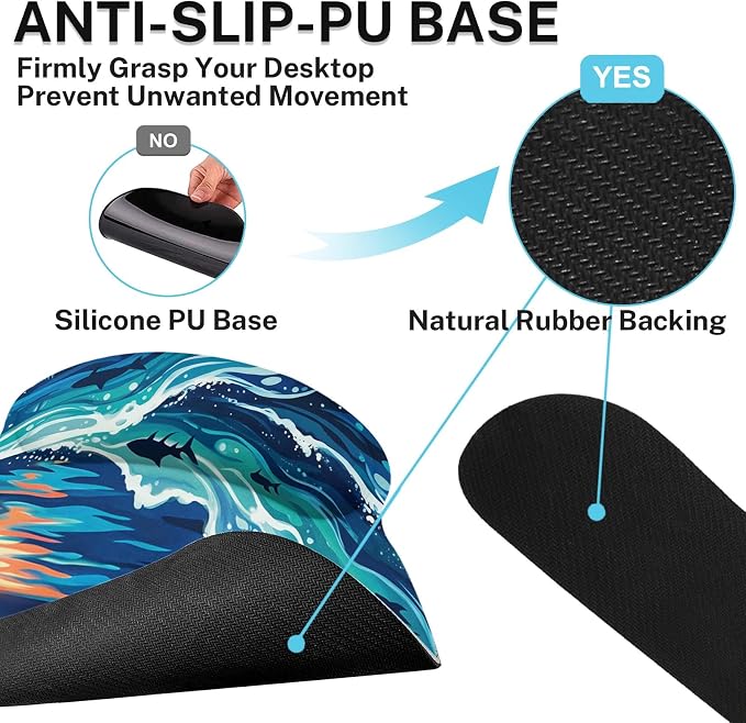 Britimes Moonlight Waves Keyboard Mouse Pad Set Blue Ocean Shark 4in1 Large Mousepad+Keyboard Wrist Rest+Mouse Wrist Rest+Coaster Ergonomic Design for Home Office Computer 35.4x15.7 inches