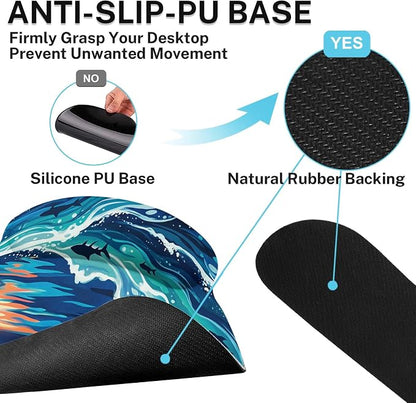 Britimes Moonlight Waves Keyboard Mouse Pad Set Blue Ocean Shark 4in1 Large Mousepad+Keyboard Wrist Rest+Mouse Wrist Rest+Coaster Ergonomic Design for Home Office Computer 35.4x15.7 inches
