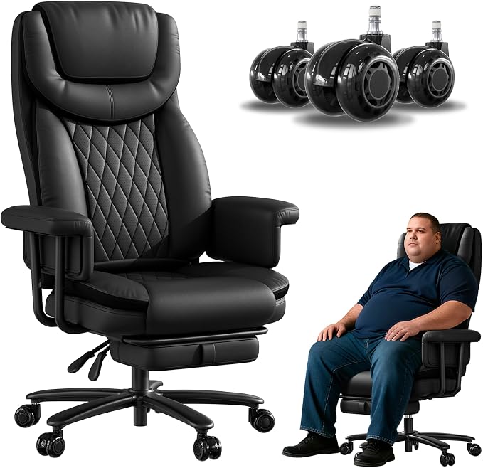 Executive Office Chair Big and Tall 500LBS, 165° Reclining Office Chair with Footrest, Leather Desk Chair with Quiet Rubber Wheels, Height Adjustable, Padded Arms, Black