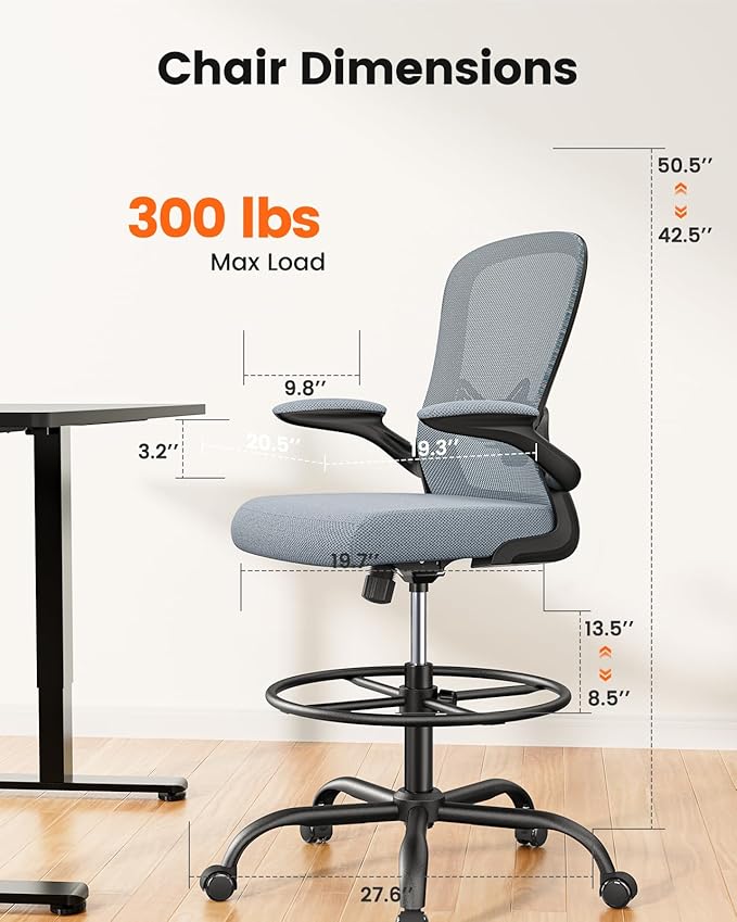 ErGear Drafting Chair,Tall Office Chair with Flip-Up Armrests, High Desk Chair Adjustable Height and Adjustable Footrest Ring, Ergonomic Standing Desk Chair with Lumbar Support, Blue,20 Pack