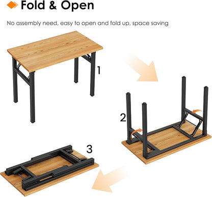 Need 35.8 Inch Folding Desk for Small Spaces, Home Office Computer Desk with Teak Wood Top & Black Frame, Foldable Writing Table for Study, Bedroom, Dorm Room & Student