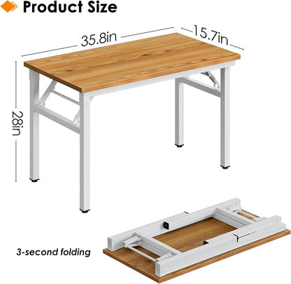 Need 35.8 Inch Folding Desk for Small Spaces, Home Office Computer Desk with Teak Wood Top & White Frame, Foldable Writing Table for Study, Bedroom, Dorm Room & Student