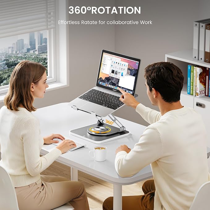 JOYEKY Adjustable Laptop Stand with RGB Lighting,Aluminum Ergonomic Computer Stand with 360° Rotating Base,Foldable & Portable Laptop Riser, Suitable for All 10-16” Laptops (Grey)
