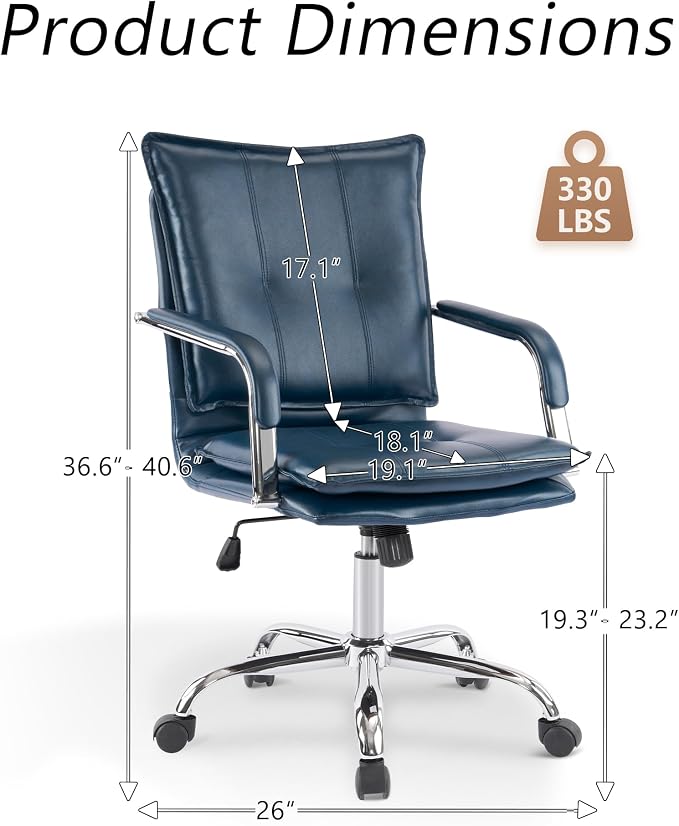 Mid-Back Ergonomic Leather Office Chair, Modern Upholstered Executive Desk Chair with Gold Frame Armrest Computer Task Chair (Dark Blue &Silver Legs)