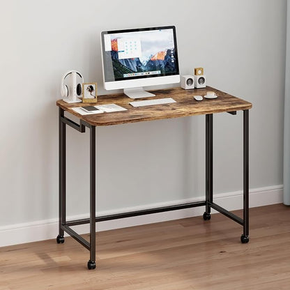 JSB Folding Desk for Small Spaces,Mobile Portable Rolling Laptop PC Table on Wheels,Foldable Computer Desk for Home Office,Bedroom,Dorm,Space Saving (Rustic & Brown, 27.6")