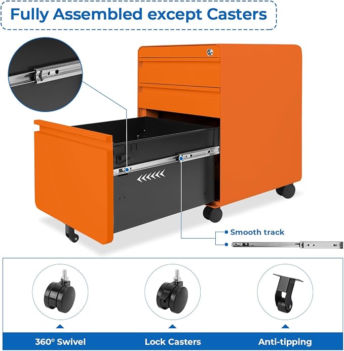 Dripex 3 Drawer Orange File Cabinet, Mobile Under Desk Storage File Cabinet with Lock on Wheels, Letter/Legal Size,Fully Assembled, Small Short Vertical Metal Rolling Filing Cabinets for Home Office