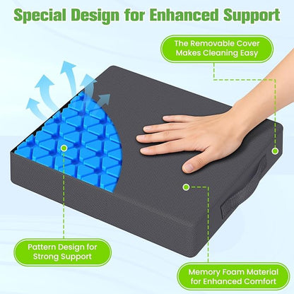 Seat Cushion for Office Chairs, Memory Foam Chair Cushion with Patterned Core for Even Support, Back, Tailbone & Sciatica Relief, Chair Pillow with Carry Handle for Car, Wheelchair (Gray)