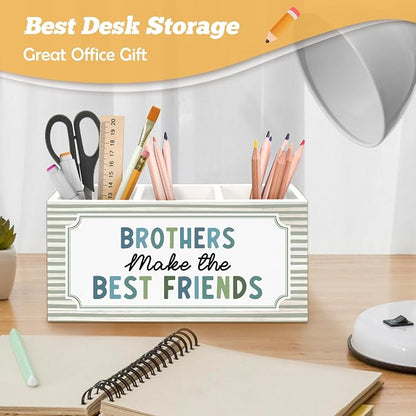 Boy Nursery Decor Kids Pen Holder Organizer for Desk Accessories, Brothers Make the Best Friends Neutral Striped Wooden Box Sign Desk Decorations for Kids Boys Room Bedroom Playroom Decor