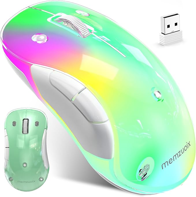 memzuoix 2.4G LED Wireless Mouse, Rechargeable Ergonomic Mouse with Detachable Cover, 1400 DPI Portable Optical Computer Mouse with USB Receiver for Laptop, PC, Desktop and MacBook, 5 Buttons-Green