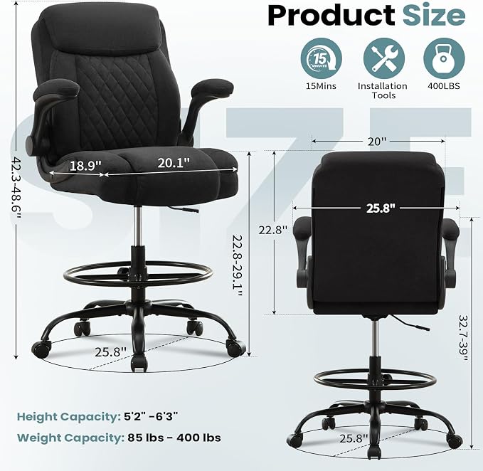 MAHOMICO Drafting Chair for Standing Desk – Tall Office Chair with Adjustable Height & Foot Ring, Flip-Up Arms, Lumbar Support – Comfortable Fabric Seat, Ideal Home Desk Chair