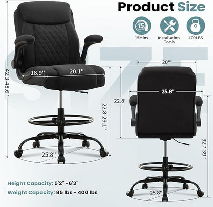 MAHOMICO Drafting Chair for Standing Desk – Tall Office Chair with Adjustable Height & Foot Ring, Flip-Up Arms, Lumbar Support – Comfortable Fabric Seat, Ideal Home Desk Chair