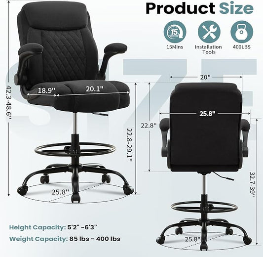MAHOMICO Drafting Chair for Standing Desk – Tall Office Chair with Adjustable Height & Foot Ring, Flip-Up Arms, Lumbar Support – Comfortable Fabric Seat, Ideal Home Desk Chair