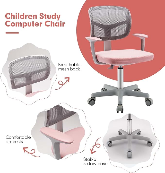 Kids Desk Chair, Height Adjustable Children Study Chair w/Lumbar Support, Swivel Mesh Seat, Universal Casters, Ergonomic Kids Task Chair for Boys Girls Aged 3-10, Home, School, Office (Pink)