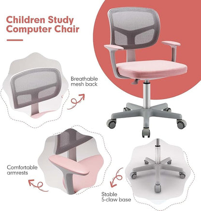 Kids Desk Chair, Height Adjustable Children Study Chair w/Lumbar Support, Swivel Mesh Seat, Universal Casters, Ergonomic Kids Task Chair for Boys Girls Aged 3-10, Home, School, Office (Pink)