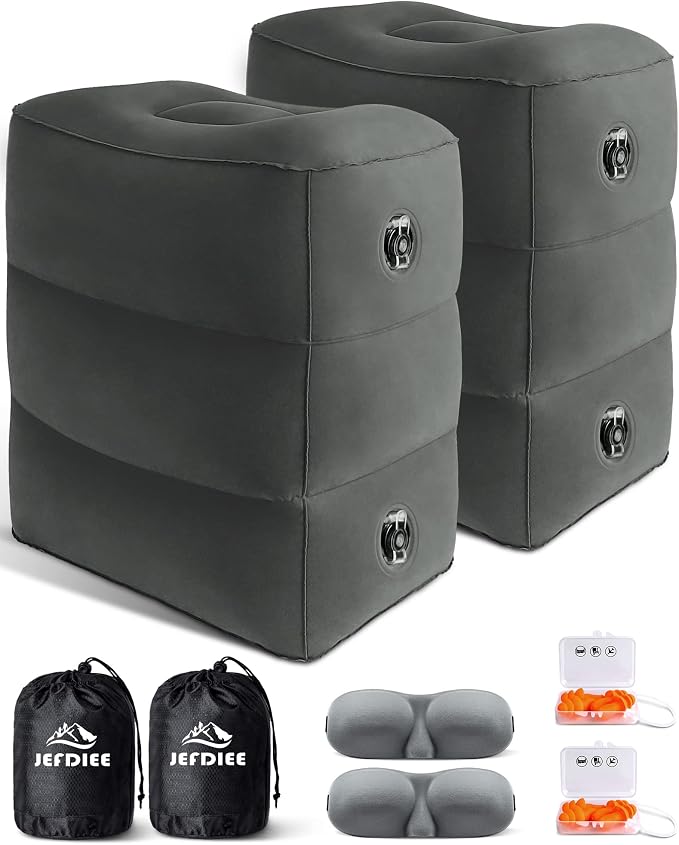 Inflatable Travel Foot Rest Pillow, Kids Airplane Bed, Adjustable 3 Layers Height Leg Rest Pillow, Adults Travel Essentials Great for Airplane, Office, Home, Trains, Cars (2 Pack-Dark Grey)