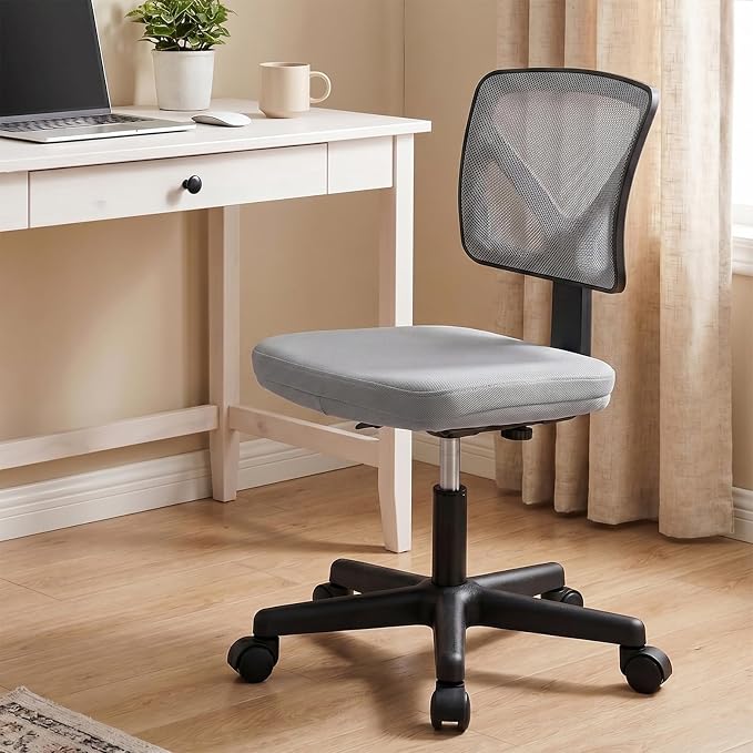 Sweetcrispy Small Desk Chair, Ergonomic Low-Back Mesh Rolling Work Swivel Chairs with Wheels, Armless Comfortable Seat Lumbar Support for Home, Bedroom, Study, Student, Adults, Grey
