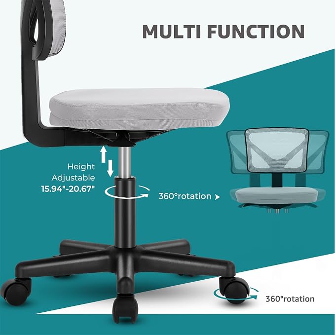 OLIXIS Armless Office Chair, Ergonomic Desk Chair with Wheels, Mesh Back, Removable Washable Foam Cushion, Height Adjustable Rolling Swivel Chairs for Small Space, Home, Office, Grey