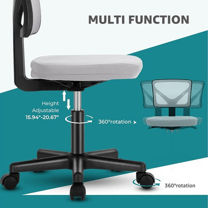 OLIXIS Armless Office Chair, Ergonomic Desk Chair with Wheels, Mesh Back, Removable Washable Foam Cushion, Height Adjustable Rolling Swivel Chairs for Small Space, Home, Office, Grey