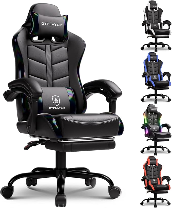 GTPLAYER Gaming Chair with Footrest, Computer Gaming Chair for Adults, Height Adjustable Gamer Chair with 90-155° Recline & Removable Headrest Lumbar Support, Colorful Black
