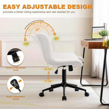 Armless Office Chair, Height Adjustable Desk Chair with Wheels, Ergonomic Comfy 360° Swivel Home Office Computer Task Chair, Faux Leather Padded Cute Vanity Chair, White