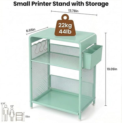 ECOLOVI 3 Tier Printer Stand for Under Desk, Height Adjustable Shelf Small Printer Table with 3 S-Hooks & Basket, Heavy Duty Industrial Storage Shelf for Home Office (Green Metal)