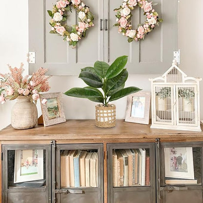 Briful Fake Plants Potted Plant Artificial Realistic Houseplant in White Ceramic Vase Wrapped Woven Pot, Fiddle Leaf Fig Faux Plant Indoor for Home Farmhouse Wedding Living Room Shelf Decor