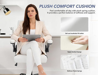 Office Chair with Adjustable Inflatable Lumbar Support,Leather Ergonomic Computer Desk Chair with Flip-up Arms,Adjustable Tilt Lock,Swivel Rolling Executive PC Chair for Work,Study,Meeting.White