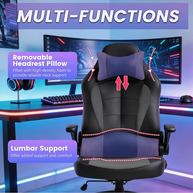 BestOffice Gaming Chair Office High-Back PU Leather Racing Chair Reclining Computer Executive Desk Chair with Lumbar Support Adjustable Arms Rolling Swivel Chair for Women, Men(Grey)
