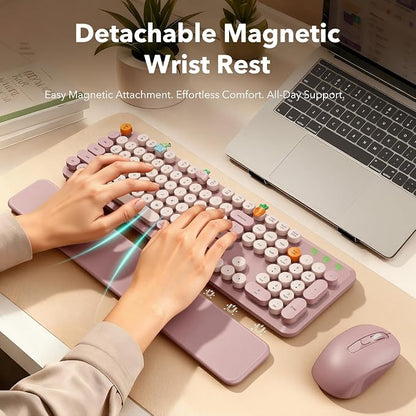 Wireless Keyboard and Mouse Combo, Full-Size Typewriter-Style Keyboard with Round Keycaps, Magnetic Wrist Rest, Tilt Legs, 2.4GHz Cordless for Mac, Windows PC, Laptop, SABLUTE CK23, Dusty Rose