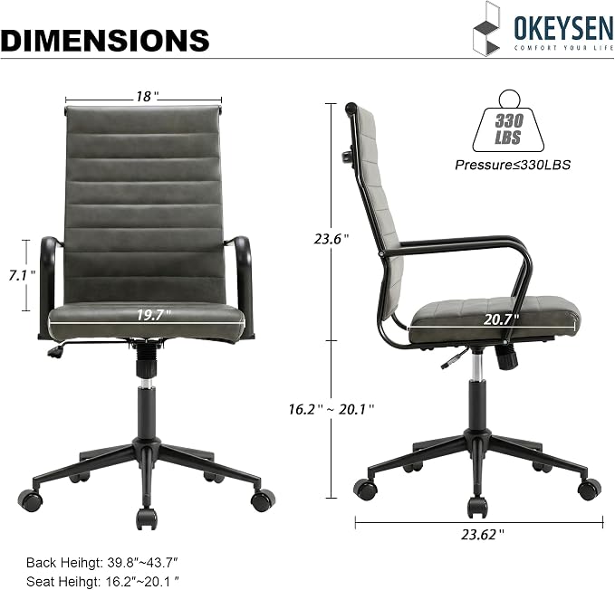 Okeysen Genuine Leather Office Desk Chair, Mid-Century Modern Real Leather Conference Room Chairs, Ergonomic Executive Ribbed Height Adjustable Swivel Rolling Chair for Home Office.