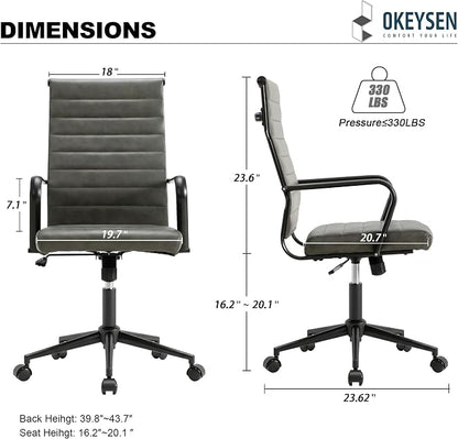 Okeysen Genuine Leather Office Desk Chair, Mid-Century Modern Real Leather Conference Room Chairs, Ergonomic Executive Ribbed Height Adjustable Swivel Rolling Chair for Home Office.