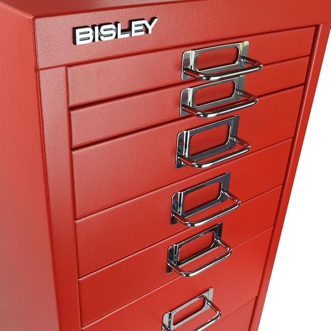 Bisley 8-Drawer Steel MultiDrawer Cabinet - Cardinal Red | Chrome Pull Handles with Label Holders, Powder-Coated Steel, Removable Drawers, Fits Under Most Desks, Labels Included