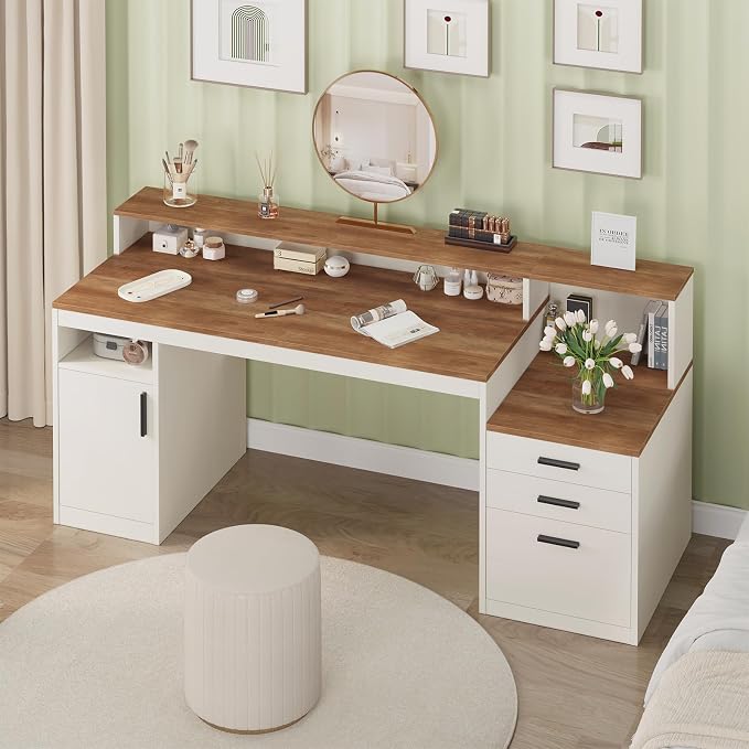 YOMILUVE 65 Inch Computer Desk with 3 Drawers & Storage Shelves, Executive Desk with File Drawer & Cabinet, Home Office Desk with Long Monitor Stand & Printer Shelf, Antique White