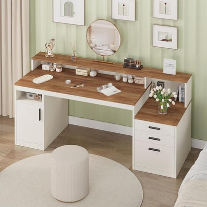 YOMILUVE 65 Inch Computer Desk with 3 Drawers & Storage Shelves, Executive Desk with File Drawer & Cabinet, Home Office Desk with Long Monitor Stand & Printer Shelf, Antique White