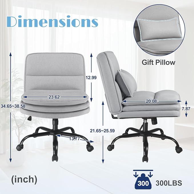 Furmax Criss Cross Legged Office Chair with Wheels, Armless Extra Wide Seat Swivel Desk Chair, Adjustable Height Comfy Task Chair with Thick Cushion for Home Office Bedroom Vanity (Fabric, Grey)